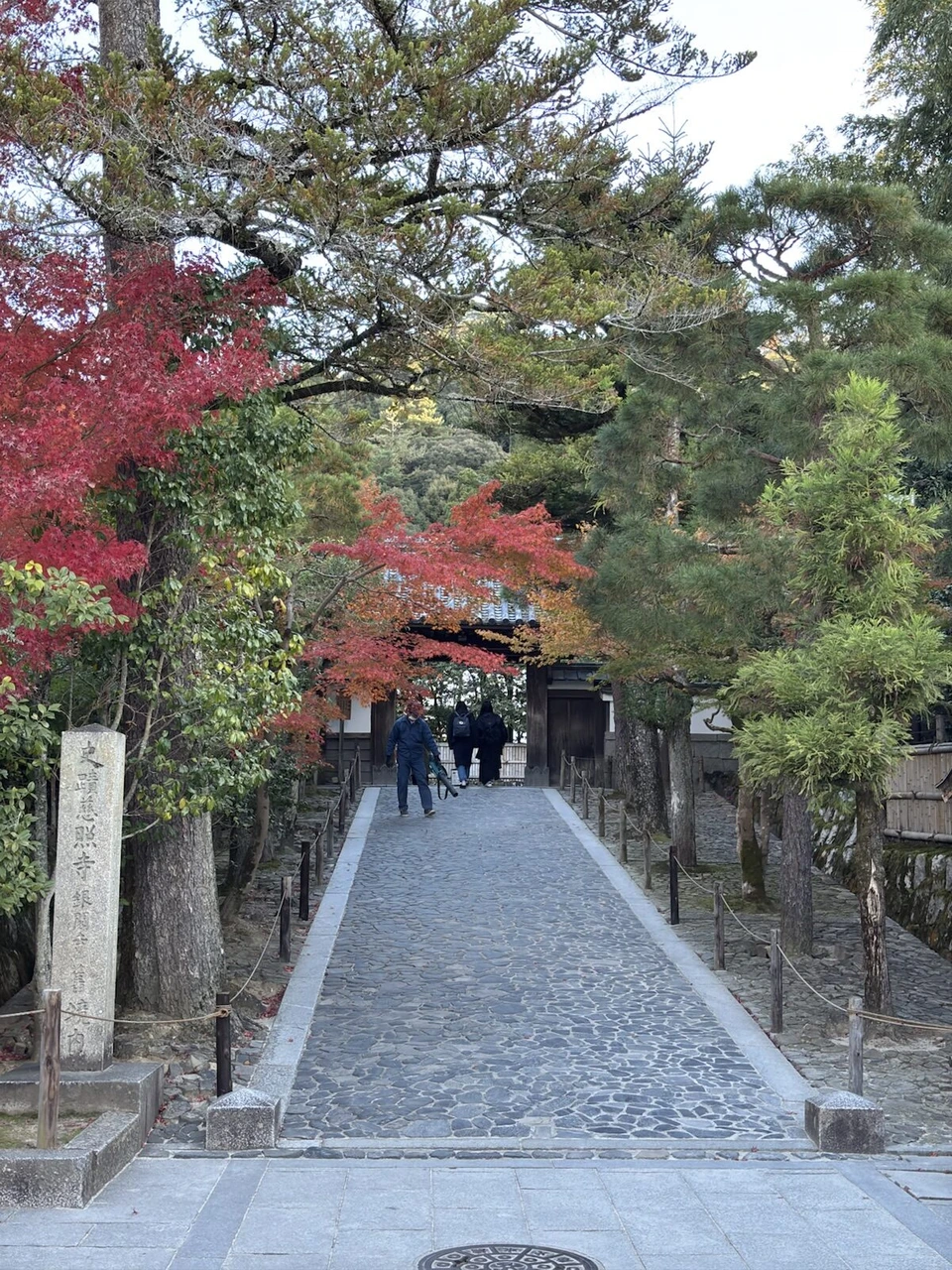 銀閣寺の参道。石畳の道の両側に松と紅葉、奥に門