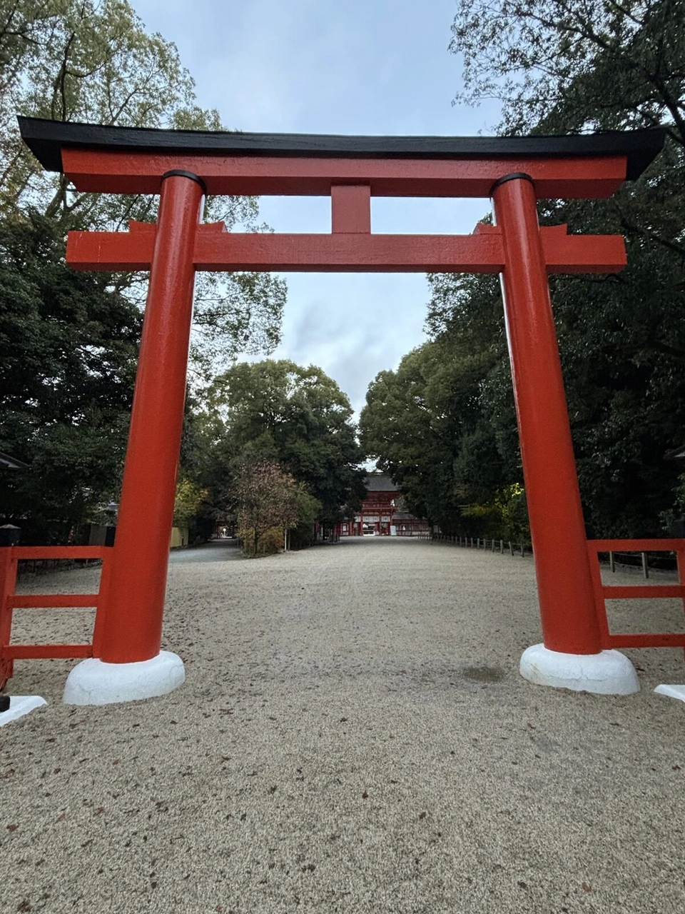 下鴨神社の朱色の大きな鳥居と、その奥にまっすぐ続く参道