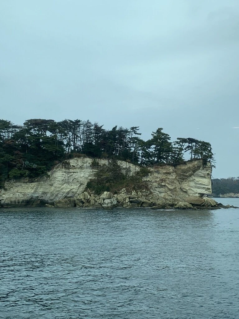 白い崖の上に松林がある島