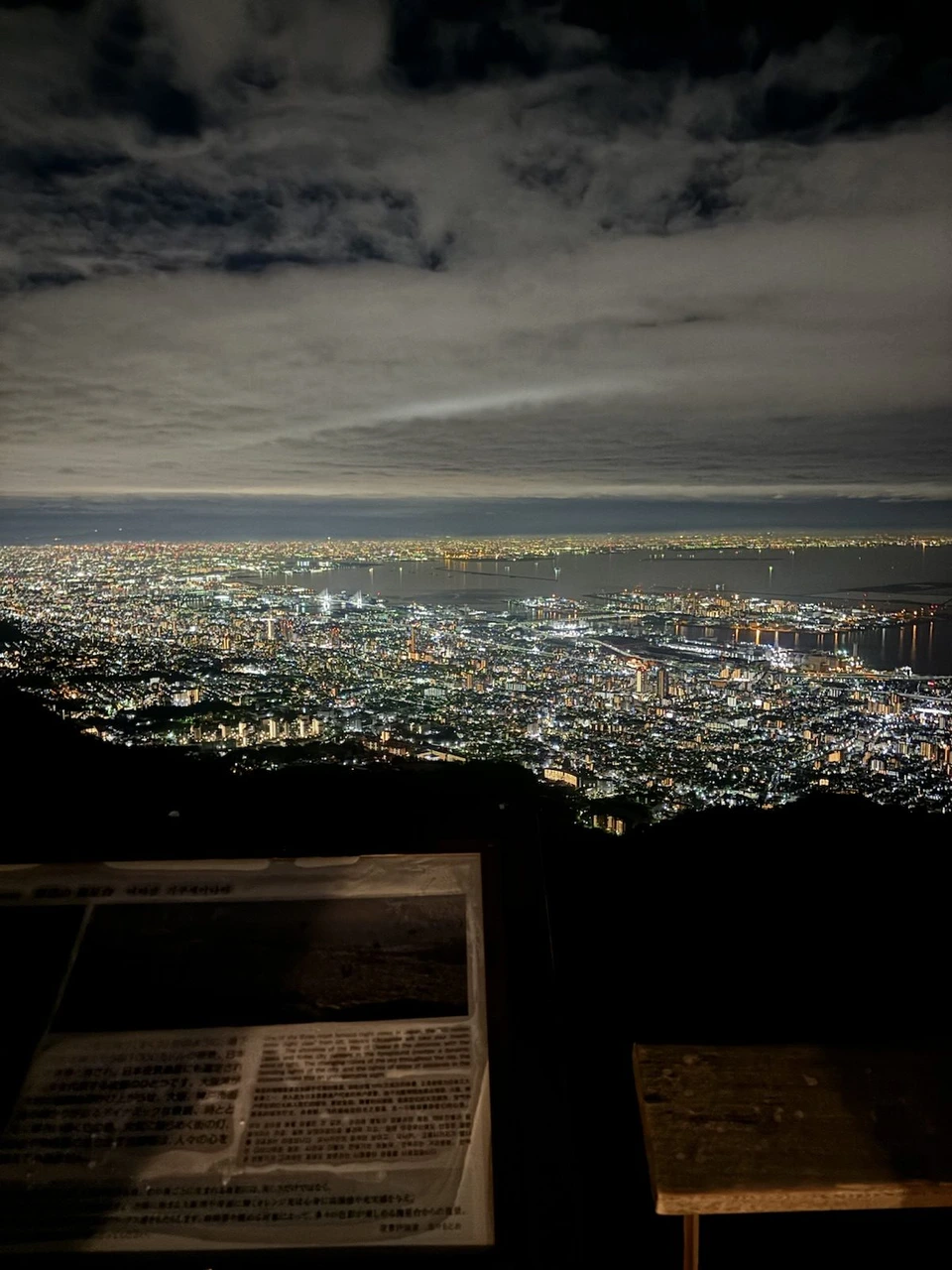 掬星台の夜景の案内板と、その向こうに広がる神戸の夜景。案内板には日本語と英語、韓国語などで説明が書かれている