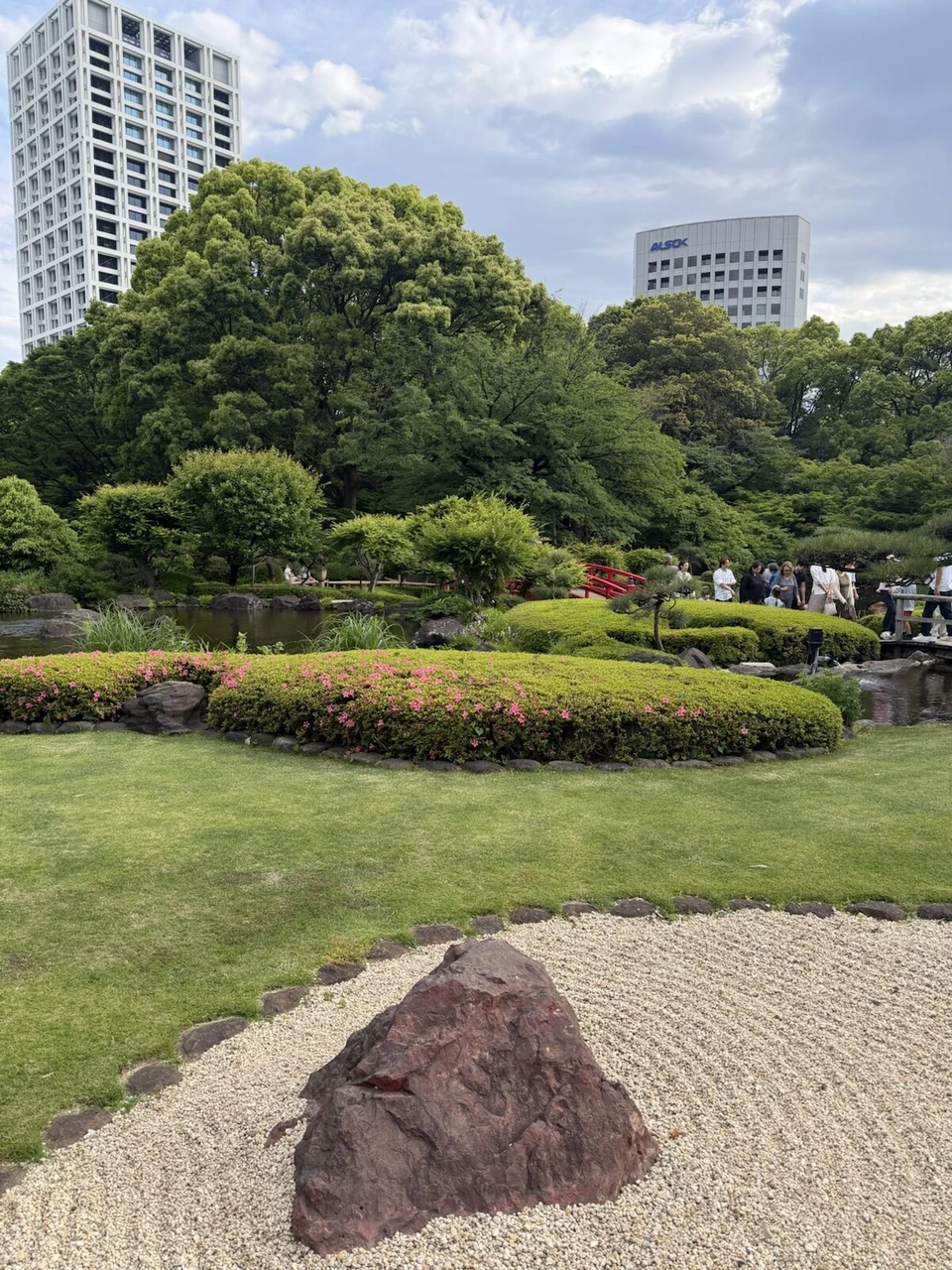 新緑の日本庭園。手前に赤っぽい岩と白い砂利、奥に木々と池、高層ビル