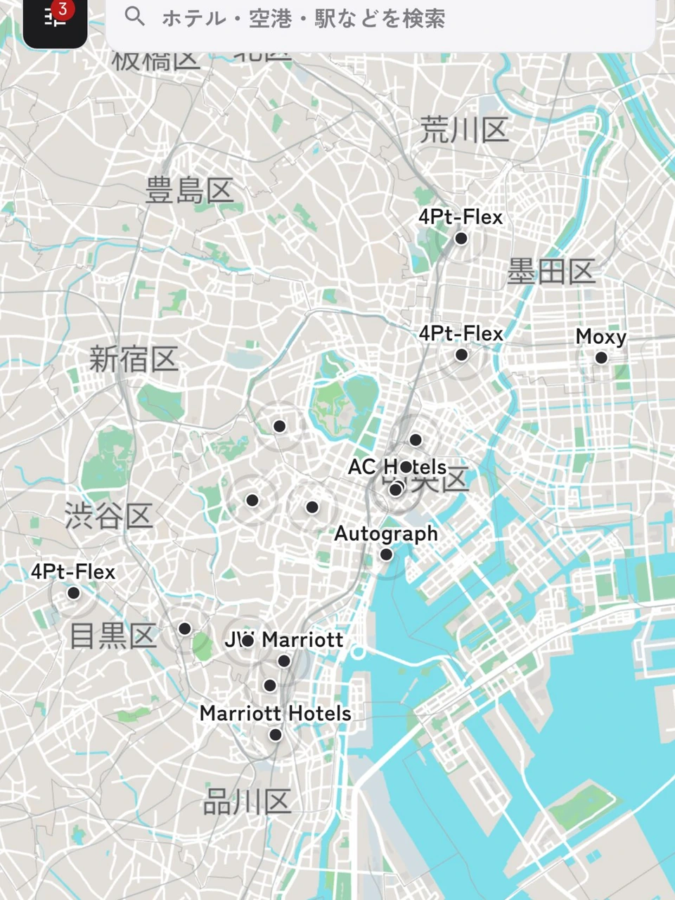 関東のマリオット系ホテルに絞ったOcta Mapの地図。東京都心にAC Hotels、Autograph、JW Marriott、Moxy、4Pt-Flexのピン