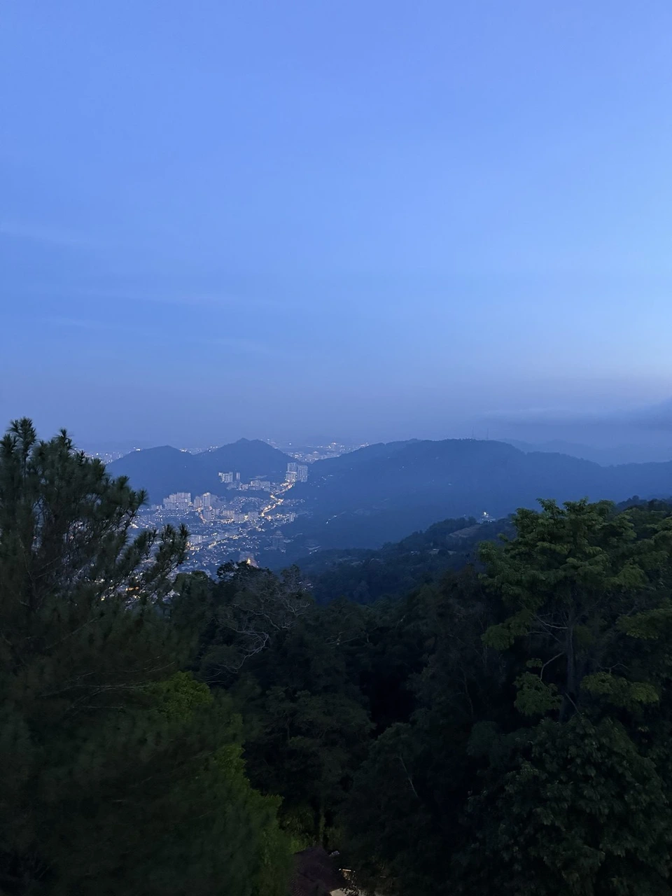 ペナンヒルから見た夕暮れの山並みとふもとの街。手前は木々の緑