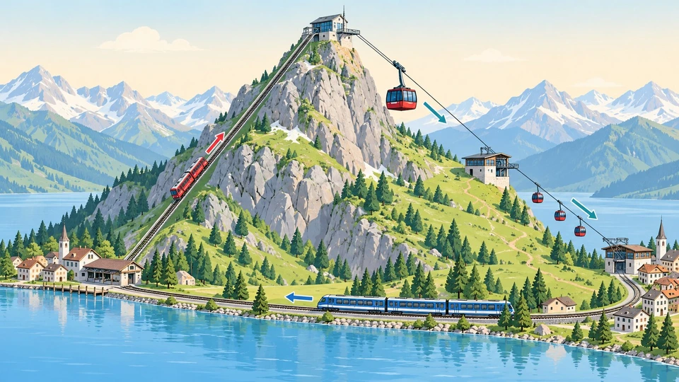 登山鉄道で登り、ロープウェイとゴンドラで反対側へ下りる周回ルートのイラスト