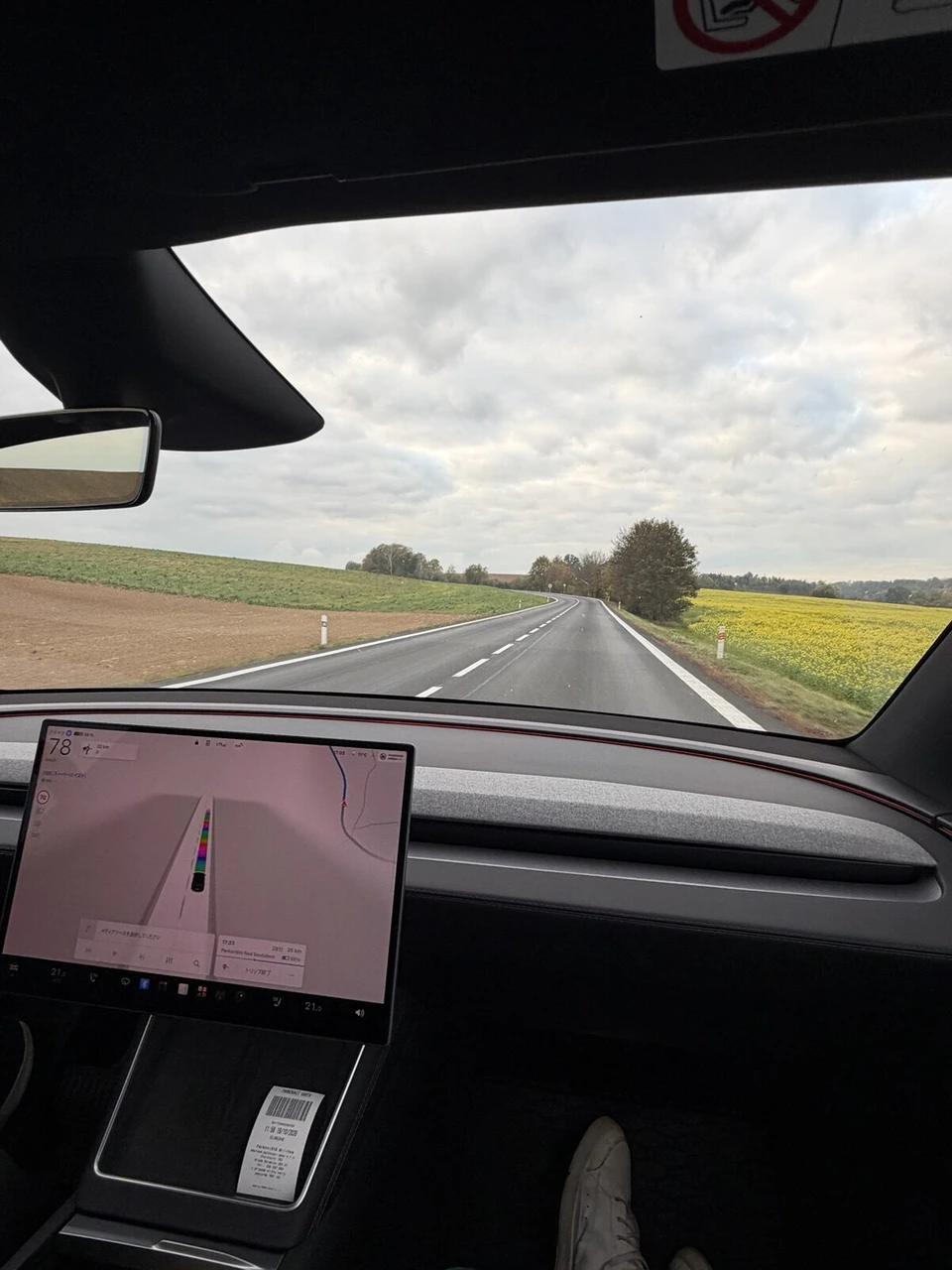 テスラの車内から見たまっすぐな田舎道と両側の畑