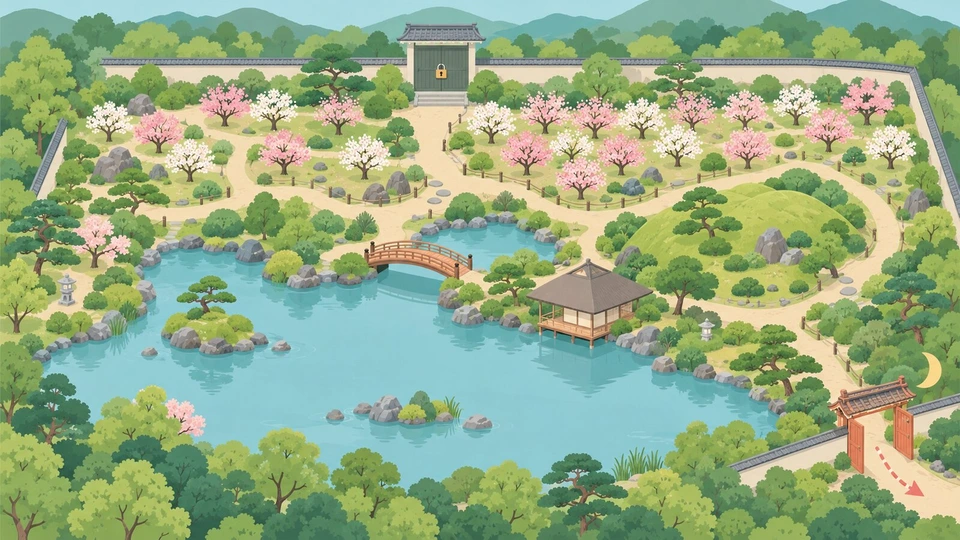 栗林公園の2つの入口と園内の見どころの位置関係のイラスト