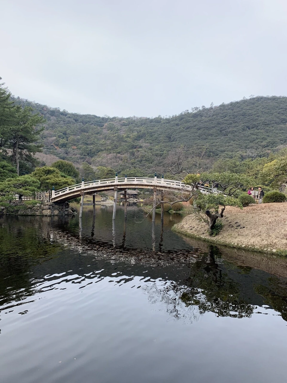 南湖の水面すれすれから見上げた偃月橋。奥に紫雲山、対岸の芝生に人が数人