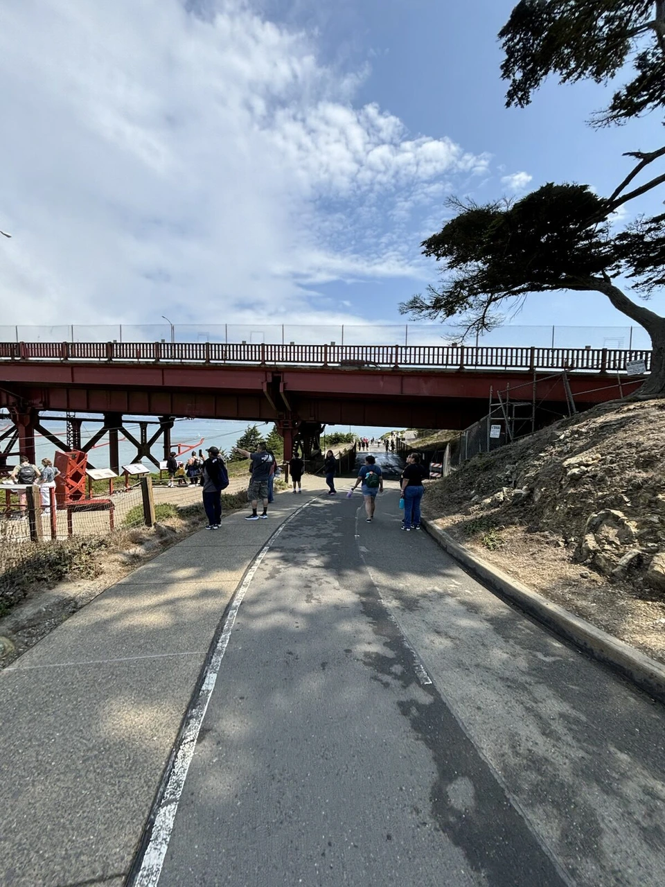 ゴールデンゲートブリッジの取り付け道路の高架の下をくぐる遊歩道と、歩く人たち