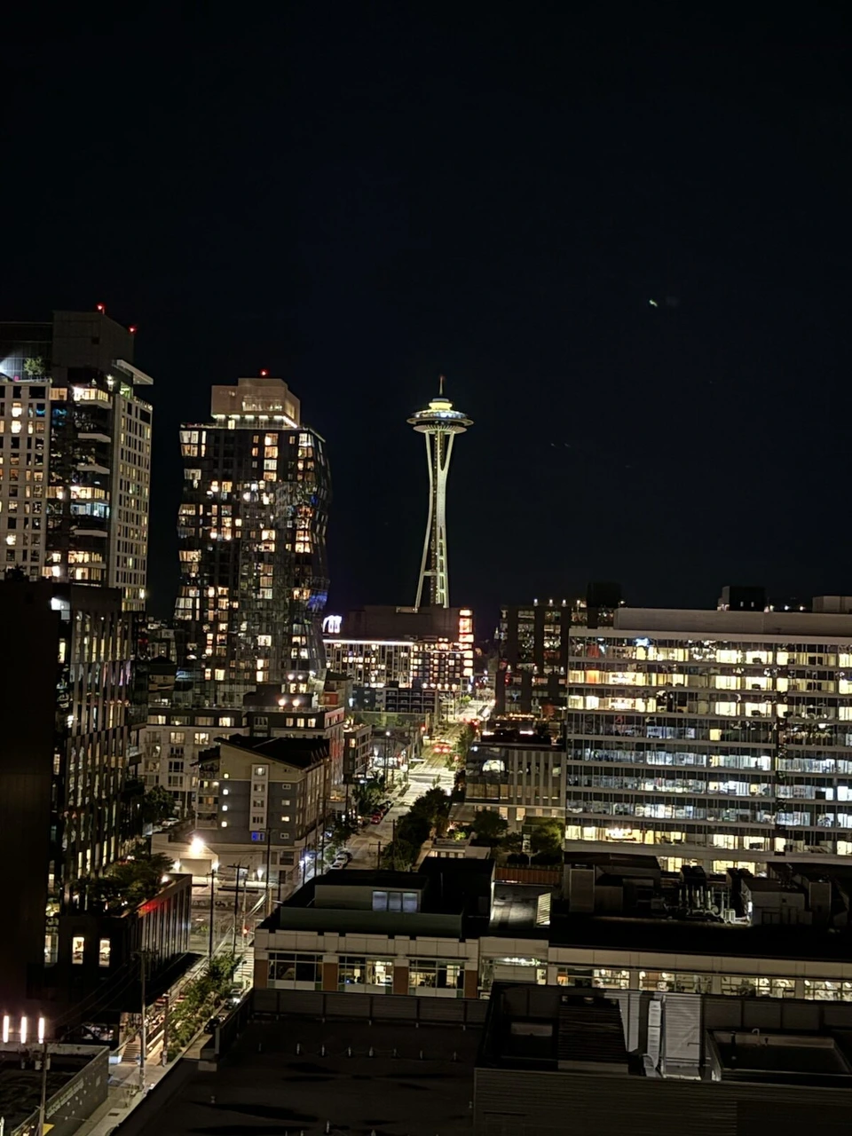 屋上から見た夜のシアトル。ビルの明かりの向こうにライトアップされたスペースニードル