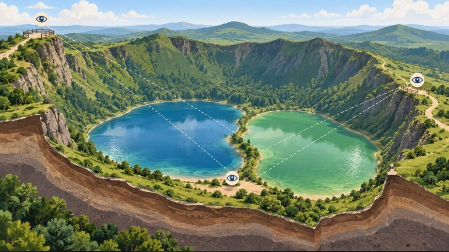カルデラを外側の展望台・尾根・湖のほとりの3つの高さから見たイメージのイラスト