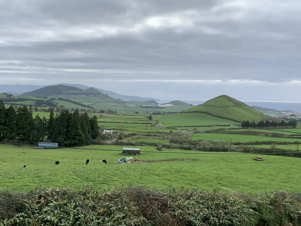 ピコ・ド・カルヴァン付近の牧草地の向こうに並ぶ緑の小さな火山丘