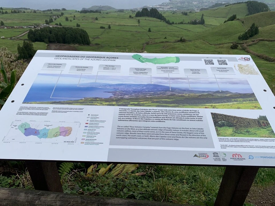 アゾレス・ジオパークの説明板。島の東西の火山と景色の名前が並ぶ