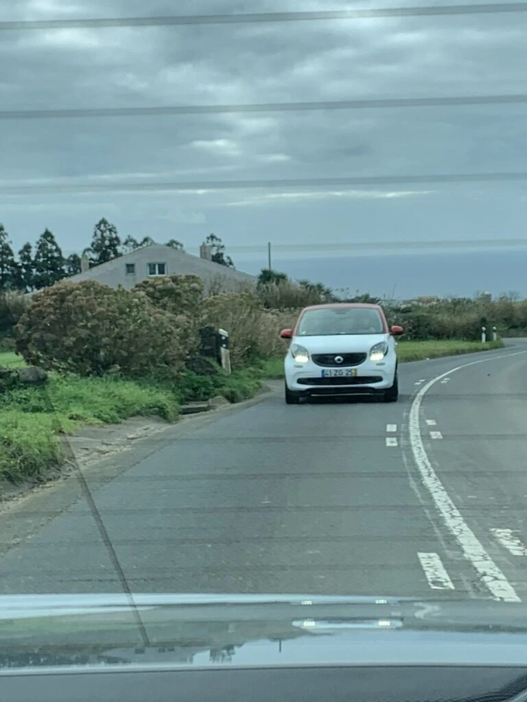 サンミゲル島の内陸へ向かう2車線の道路をフロントガラス越しに