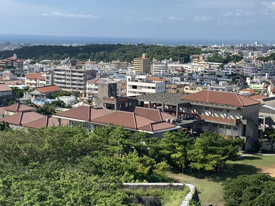 首里城の城壁から見た赤瓦の大きな建物と住宅街、その先の海