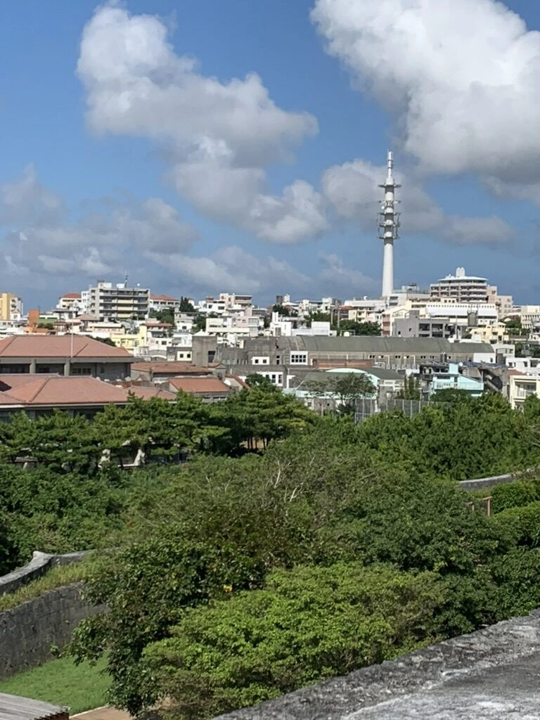 首里城の城壁の上から見た那覇の街並みと白い電波塔