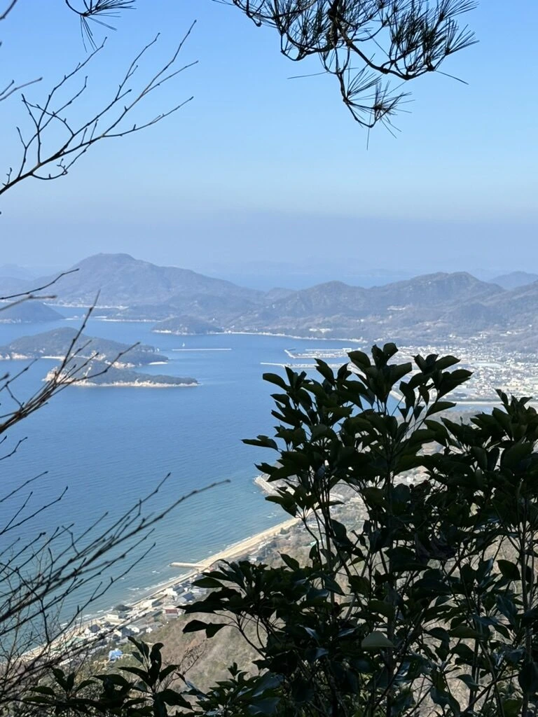 稲積山の山頂から木の葉越しに見た瀬戸内海の島と半島