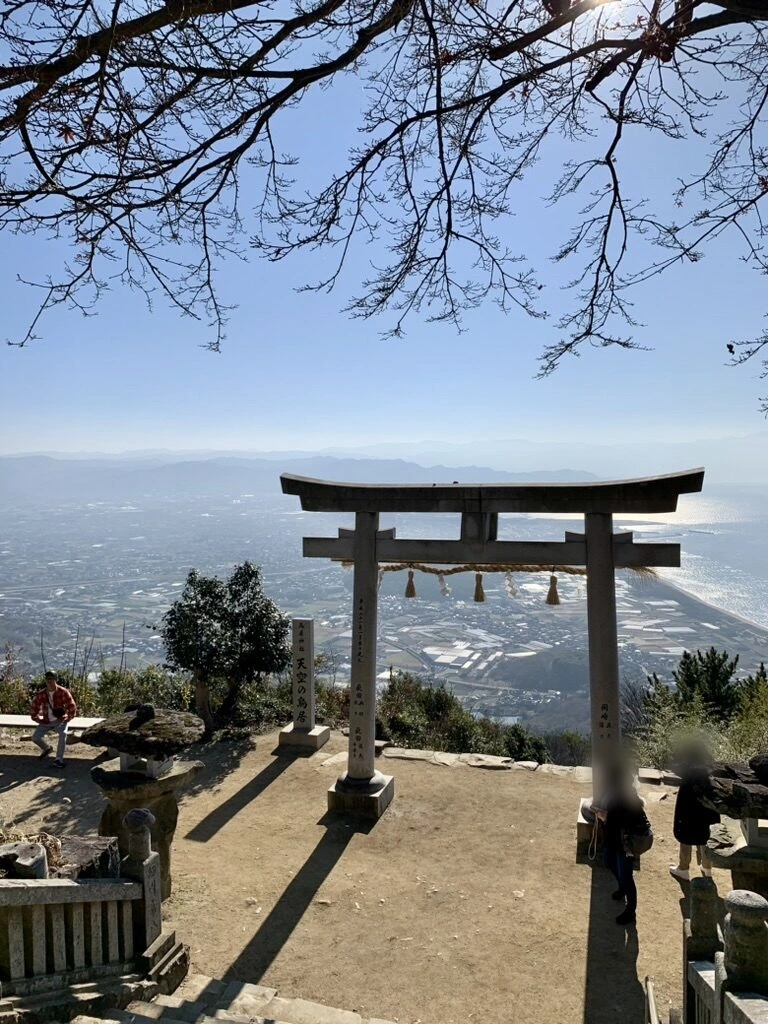 木の枝越しに見た鳥居と、遠くに光る海