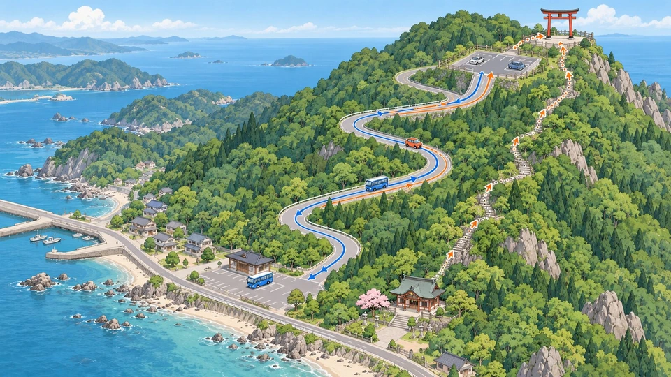 下宮・シャトルバス乗り場・山頂の位置関係と曜日ごとの行き方のイラスト