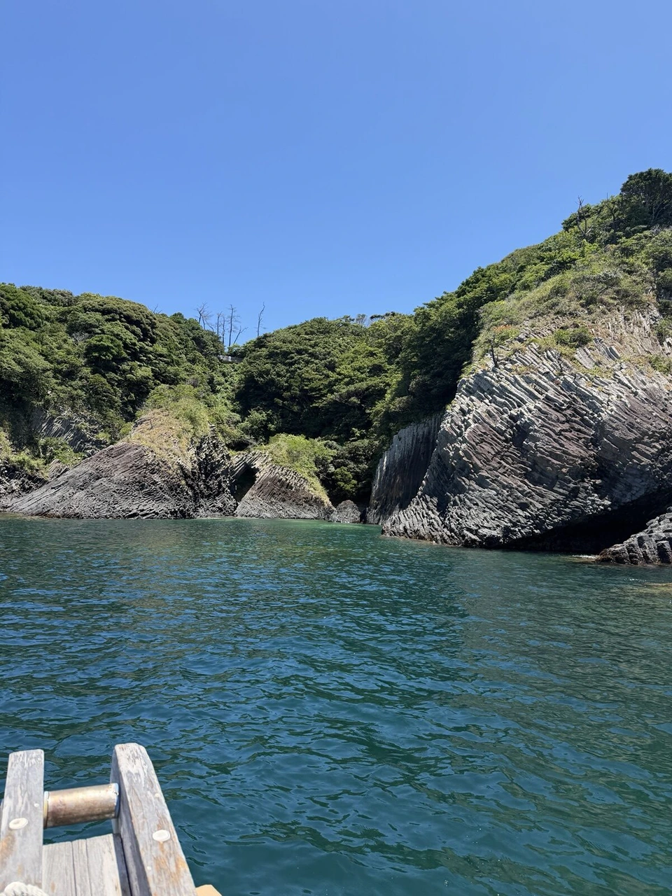 七ツ釜へ向かう船の先端の木のはしご越しに見た、柱状節理の崖と緑の岬