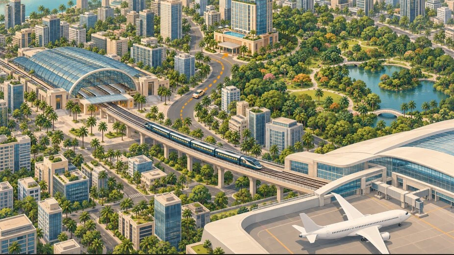 空港から高架の空港特急で都心の大きな駅へ、そこから車で公園の近くのホテルへ向かうイラスト