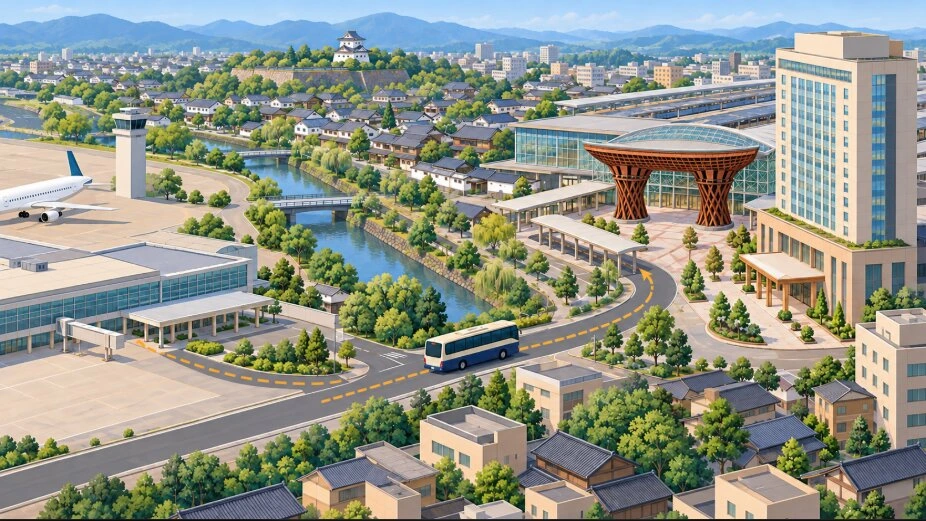 空港からバスが城下町の駅へ向かい、木組みの大きな門のある駅前に高層ホテルが建つイラスト