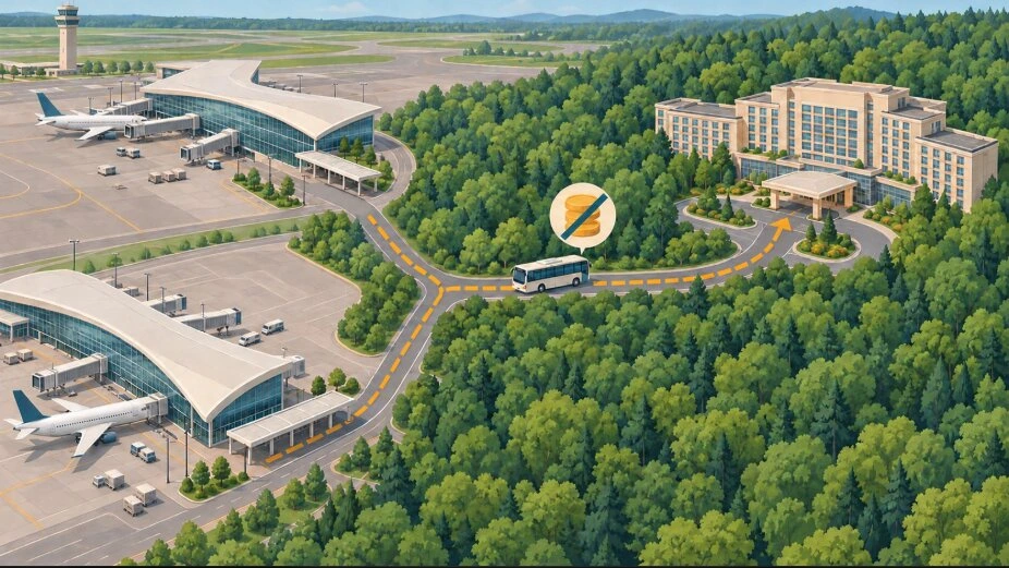 2つの空港ターミナルから延びる道が合流し、送迎バスが森の中の大きなホテルへ向かうイラスト