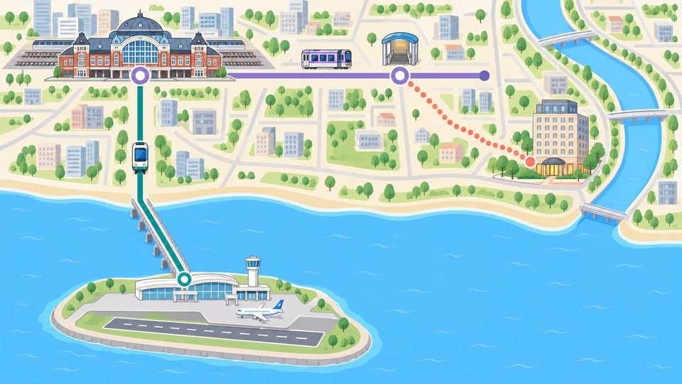 名古屋駅・地下鉄伏見駅・コートヤード名古屋・中部国際空港の位置関係を描いた地図風のイラスト