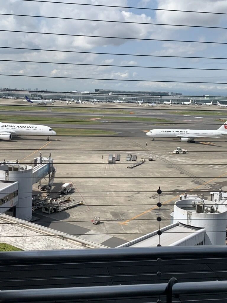 羽田空港第1ターミナルの展望デッキから見た駐機場のJAL機。ファーストキャビン羽田ターミナル1と同じ建物