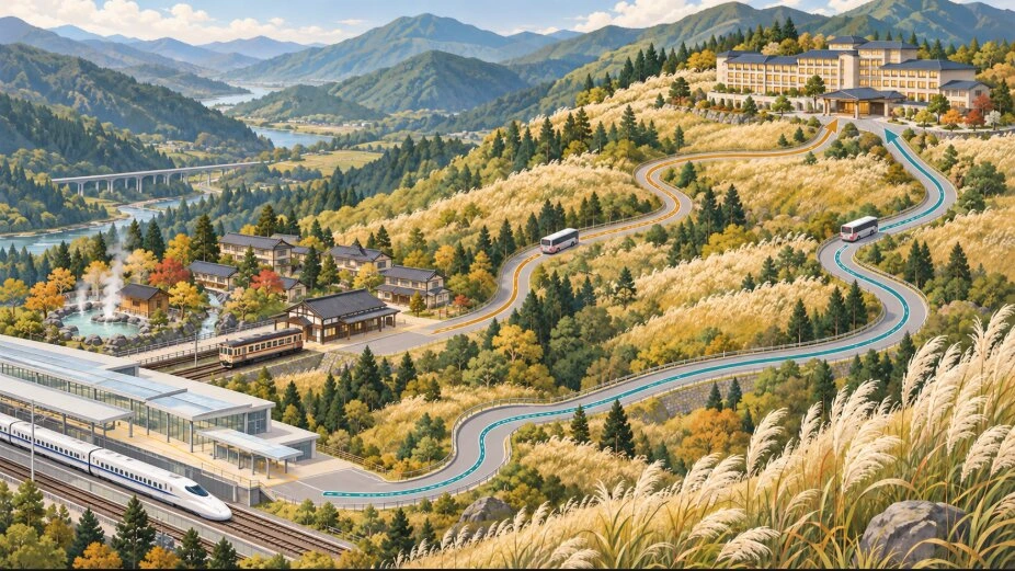 新幹線の駅と温泉街の小さな駅から2本の山道が延び、ススキの草原に囲まれた山のホテルへバスが上っていくイラスト