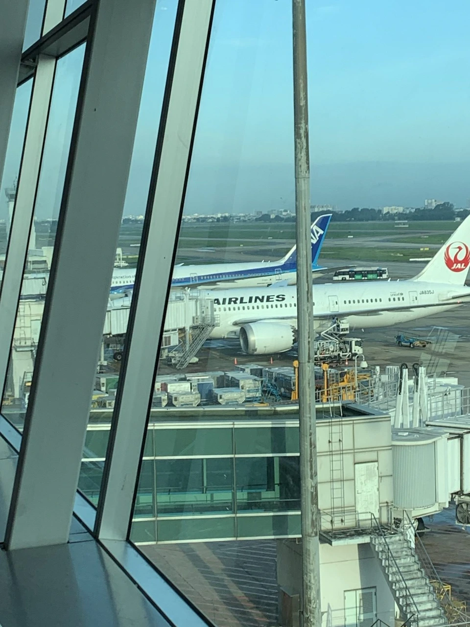 早朝のタンソンニャット空港のターミナルの窓から見たJALとANAの機体