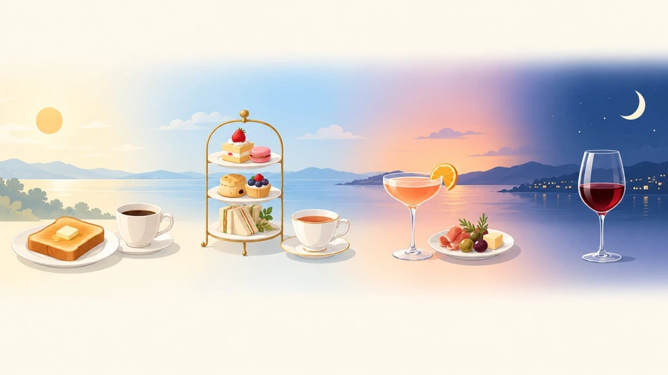 朝から夜へ左から右に空の色が変わる横長の帯の上に、トーストとコーヒー、ケーキスタンドと紅茶、カクテルグラスと軽食、ワイングラスの4つのアイコンを並べた図解