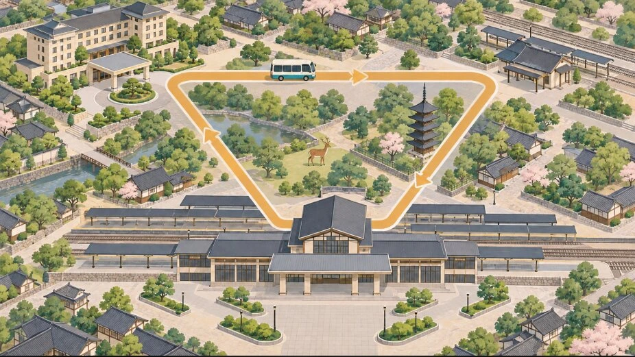 ホテルと2つの駅を三角形に回るシャトルバスのルートを、鹿と五重塔を背景に描いたイラスト
