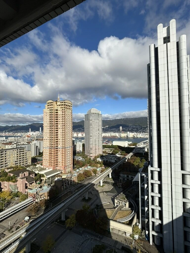 翌朝の窓から見たタワーマンションと六甲山