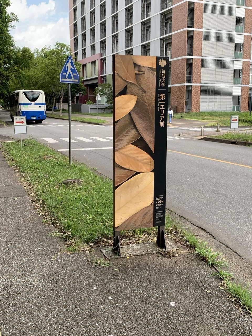 筑波大学の構内にある第一エリア前のバス停の標識と、道路を走る路線バス