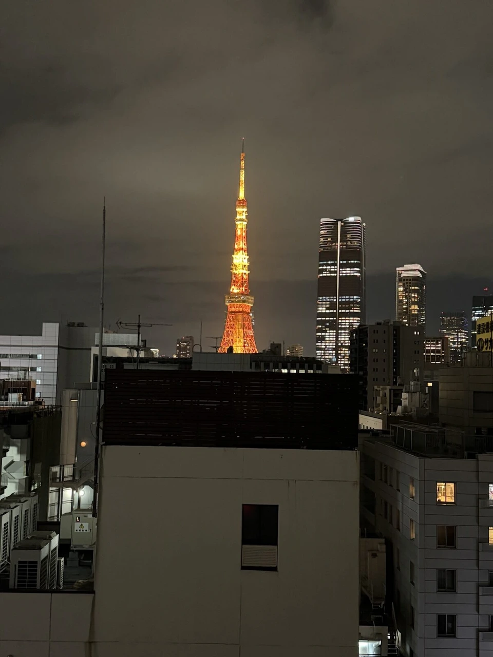 ナインアワーズ浜松町の館内の窓から見た夜の東京タワーと高層ビル