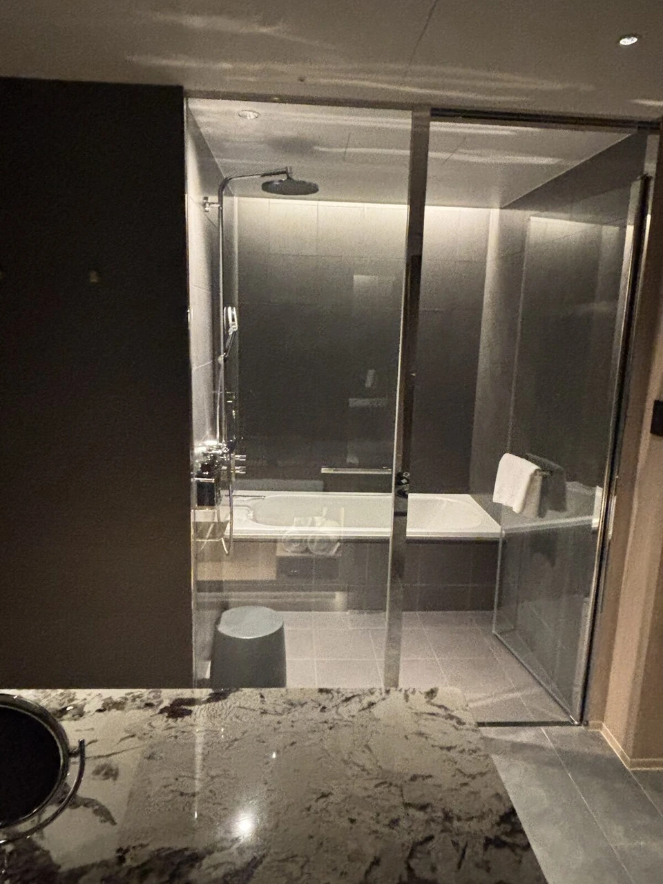 大阪ステーションホテルのガラスで仕切られたシャワーブースとバスタブ、石目の洗面台と丸い拡大鏡