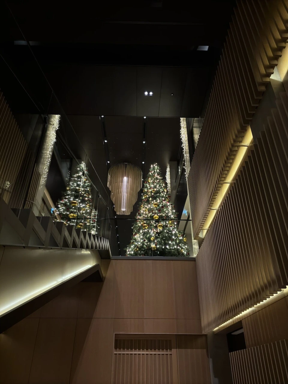 細長い吹き抜けの奥に見えるクリスマスツリー2本