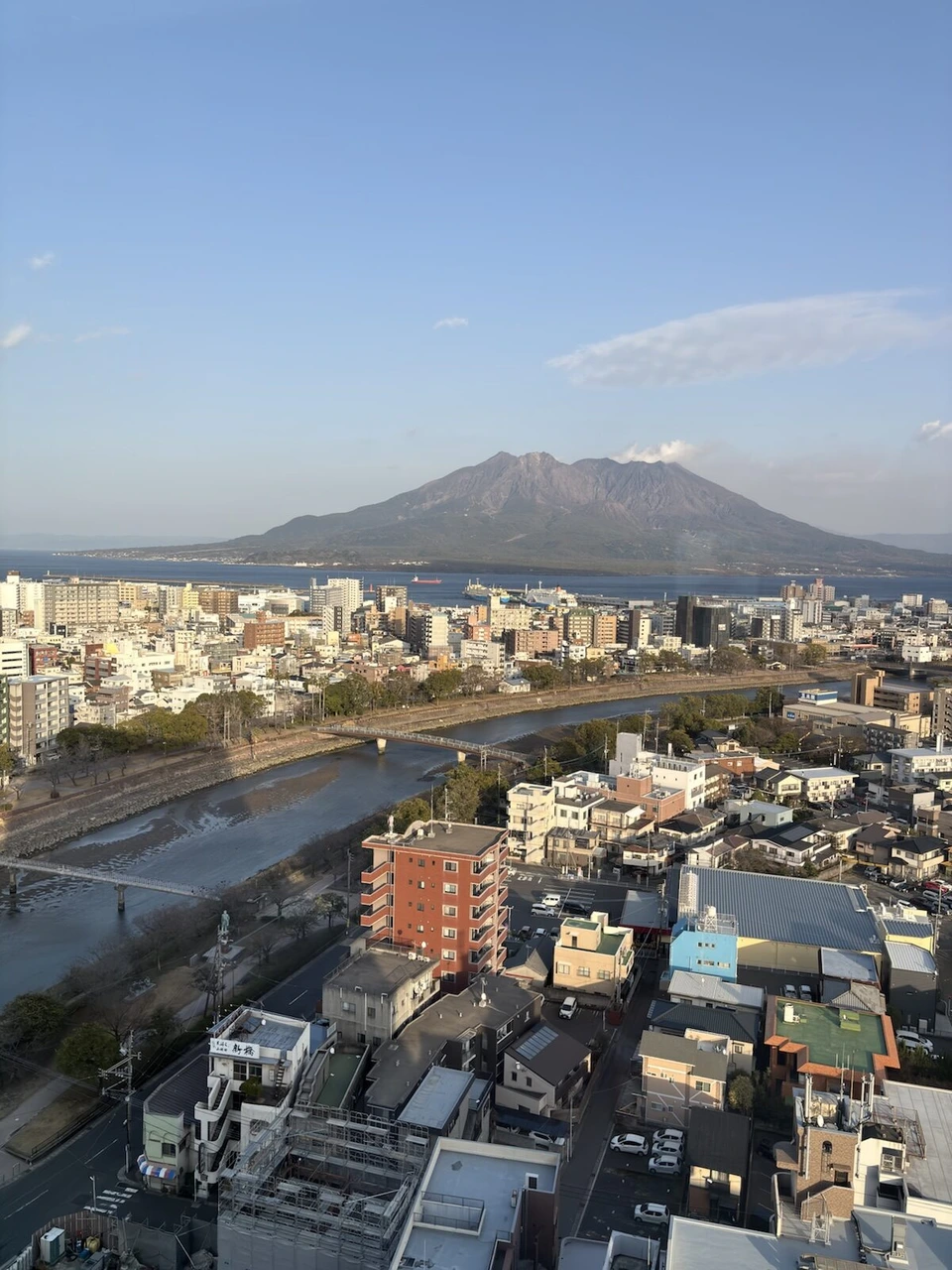 シェラトン鹿児島の客室の窓から見た夕方の桜島と甲突川