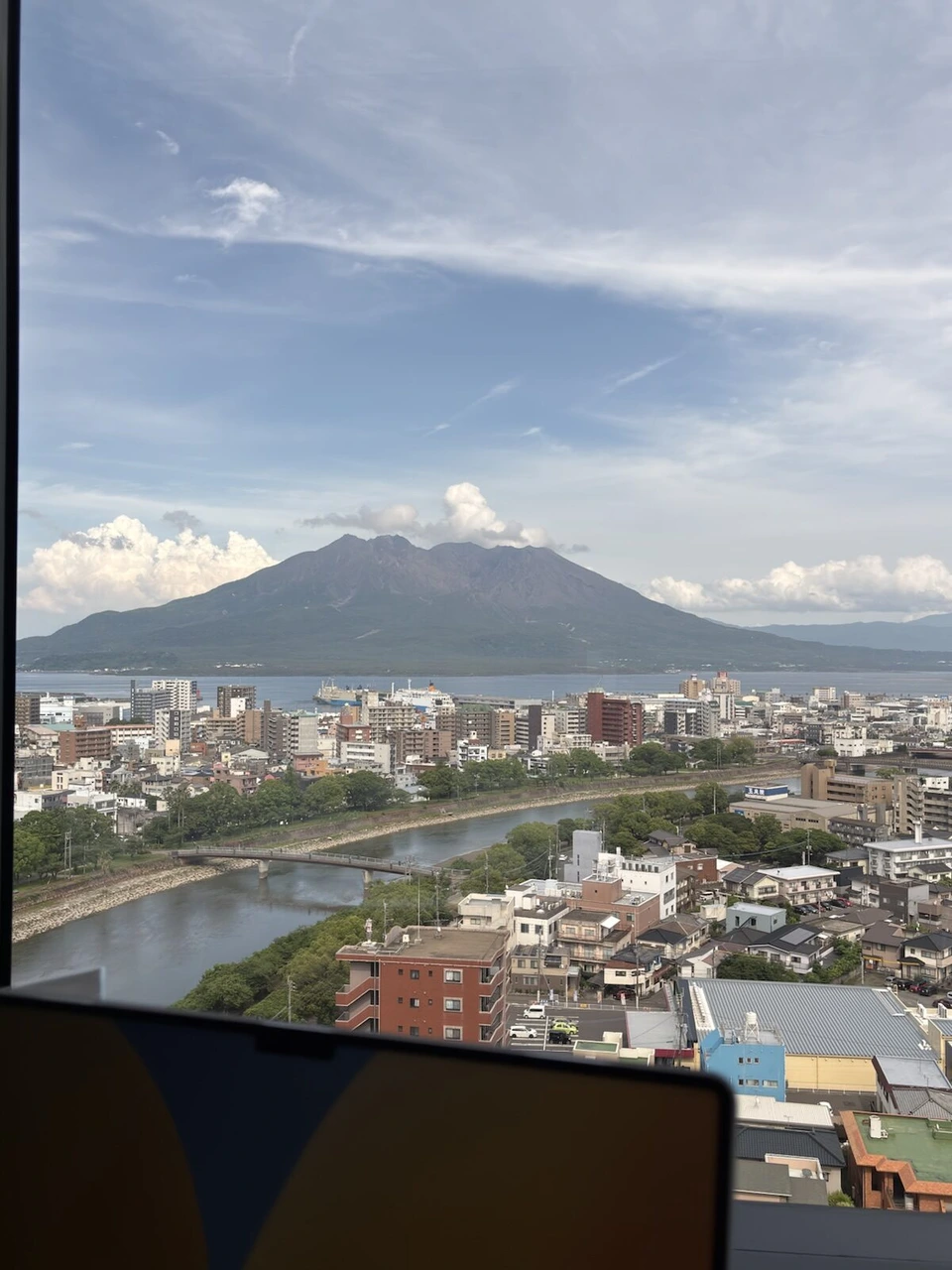 晴れた午後にシェラトン鹿児島の14階の客室の窓から見た桜島と錦江湾、手前の街並み