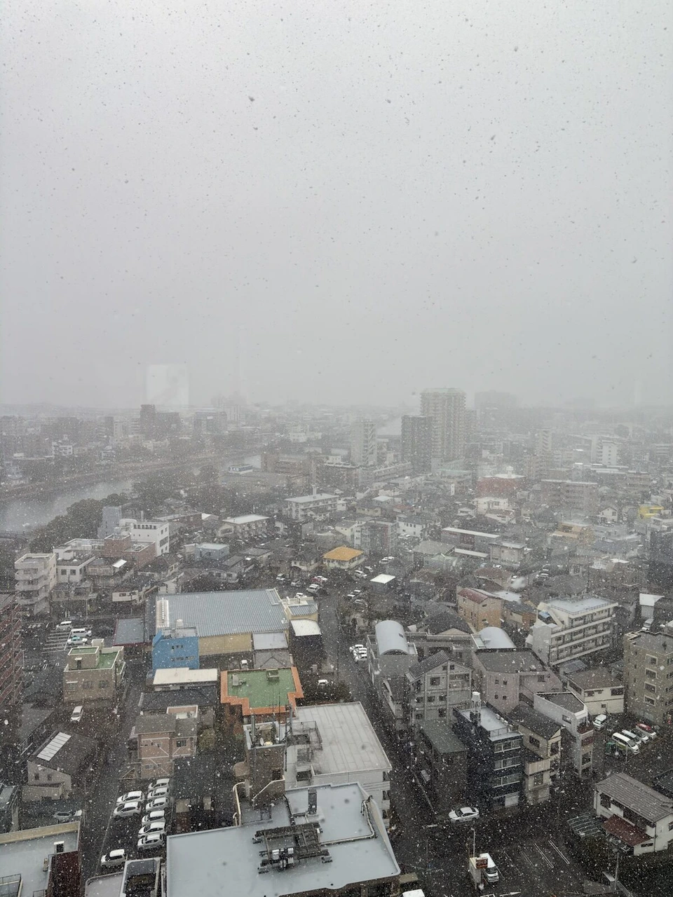 雪で白くかすんだ鹿児島の街並み