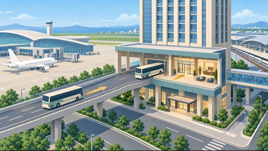 空港から高架の道路を走るリムジンバスが、ホテル2階のバス乗り場に着く流れのイラスト
