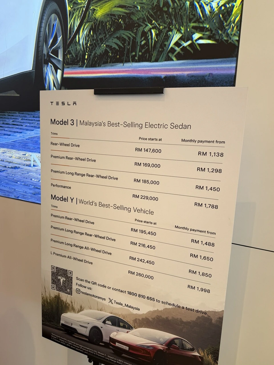 テスラ・マレーシアの価格表。Model 3は147,600リンギから、Model Yは195,450リンギから