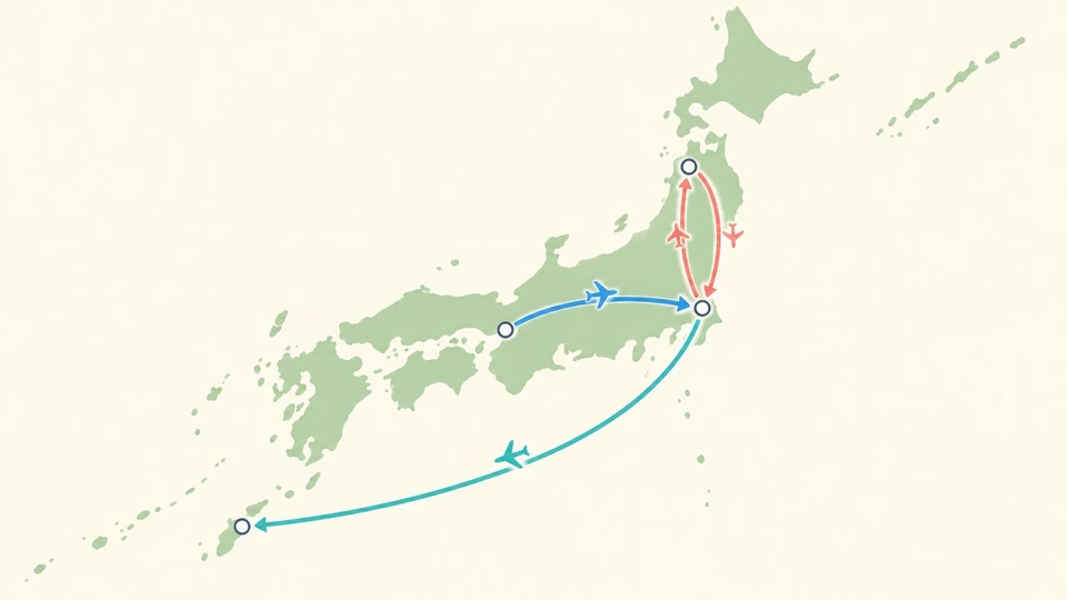 日本列島の簡略な地図の上に、大阪から東京への矢印、東京から秋田県北部へ上ってすぐ戻るU字の矢印、東京から沖縄へ下る長い矢印を順番に描き、各空港を小さな丸、飛行機の小さなアイコンを添えた図