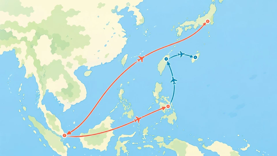 東アジアから東南アジアの簡略な地図の上に、日本からシンガポールへ下ってからフィリピンへ向かう往路の矢印と、フィリピンから台湾を経て沖縄へ戻る復路の矢印を色違いで描き、乗り継ぎ地点に小さな丸と飛行機のアイコンを置いた図