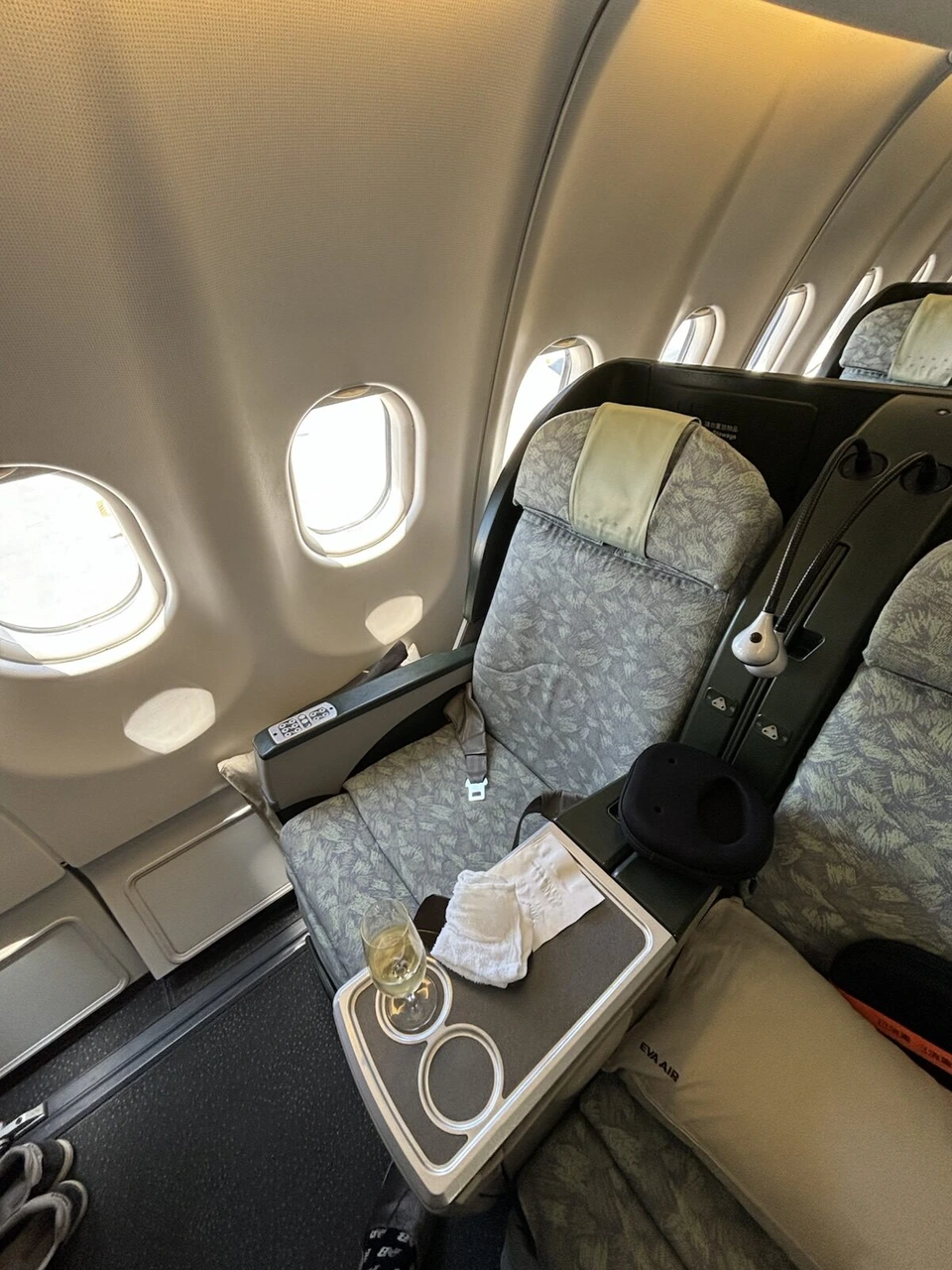 エバー航空A330-200のビジネスクラス座席。葉の模様の布張りの2席