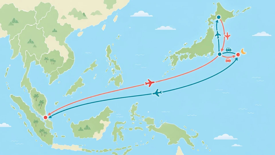 日本列島の北から東京へ下る短い矢印、東京の2つの空港を結ぶ小さな車の矢印と夜を示す月のアイコン、東京から東南アジアへ伸びる長い矢印を描き、帰りは同じ道を逆向きの色違いの矢印で示した図