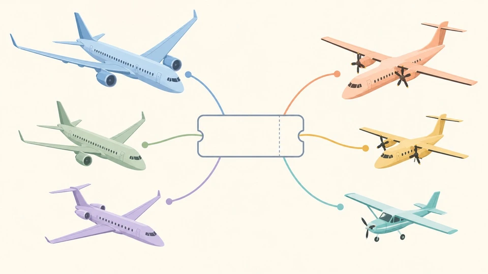 中央に1枚の航空券のアイコン、そこから放射状に6本の線が伸び、先にそれぞれ大型ジェット機・中型ジェット機・小型ジェット機・2種類のプロペラ機・離島の小さなプロペラ機のシルエットを色違いで並べた図