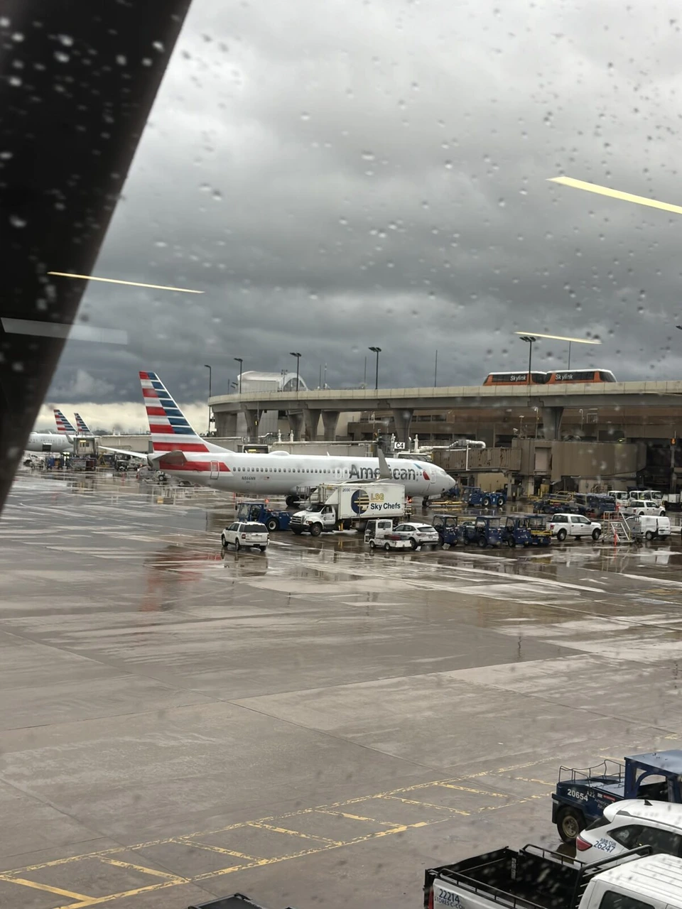 雨で濡れたダラス空港の窓と駐機中のアメリカン航空機