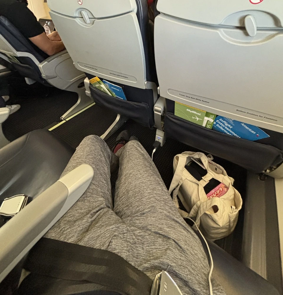 E175のエコノミー席の足元。床に置いた白い手提げバッグと前の座席のポケット