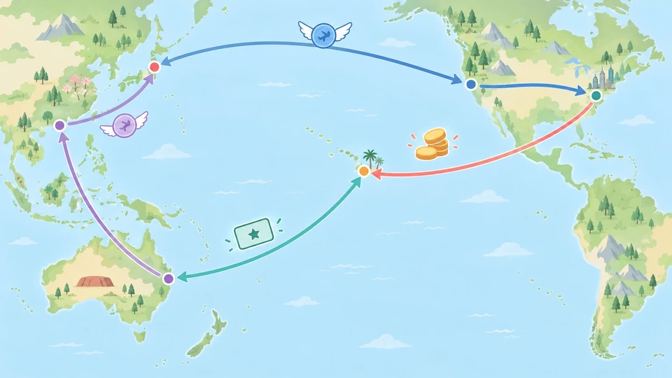 太平洋を中心にした簡略な世界地図の上に、日本からアメリカ本土を横断し、ハワイ、オーストラリア、香港を経て日本へ戻るルートを4色の矢印で区間ごとに塗り分け、各色の区間のそばにマイル・コイン・ポイントカードを表す小さなアイコンを置いた図